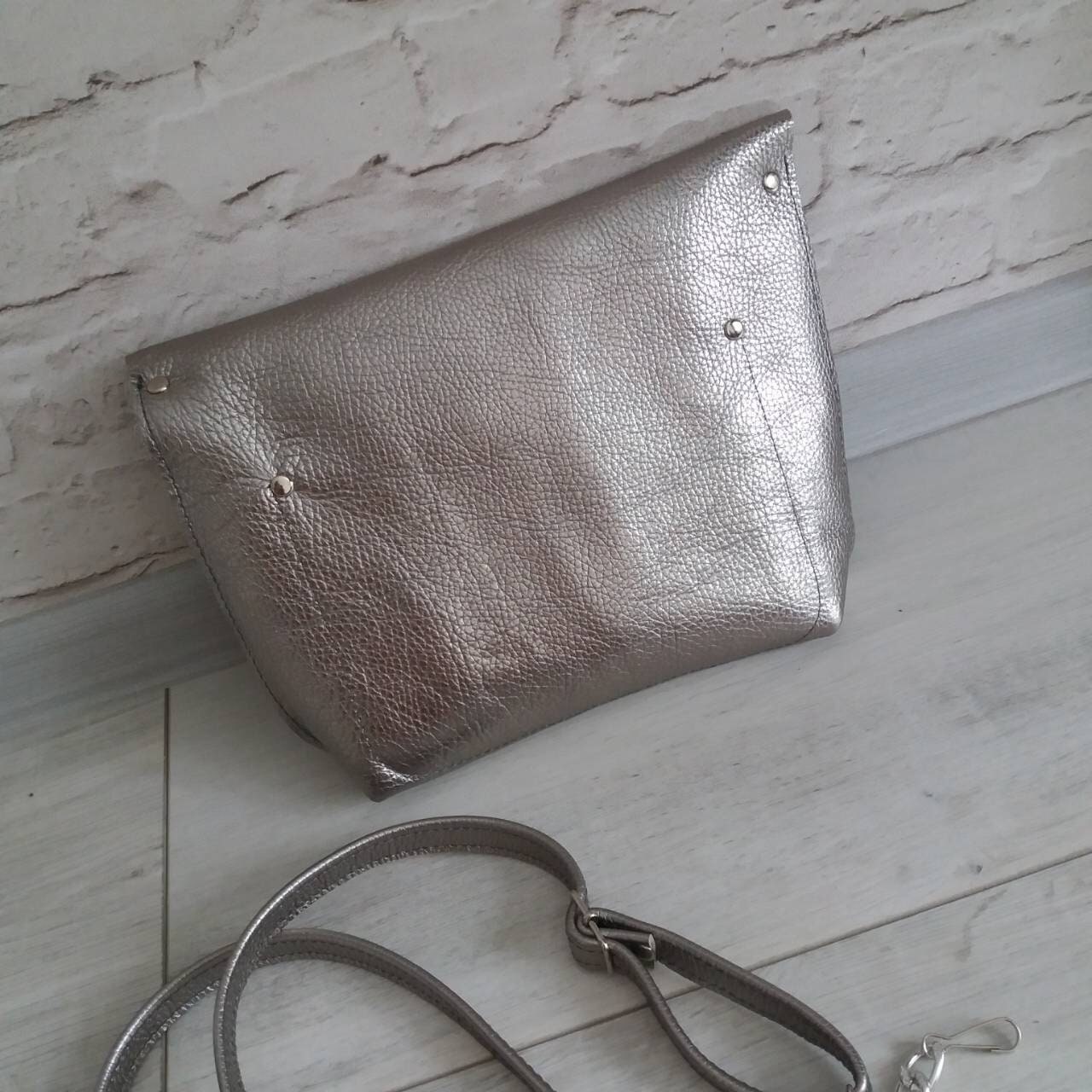 Leather Shoulder Bag Silver Gray Leather Crossbody Bag Etsy