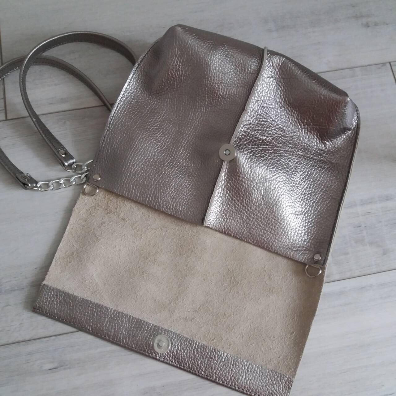 Leather Shoulder Bag Silver Gray Leather Crossbody Bag Etsy