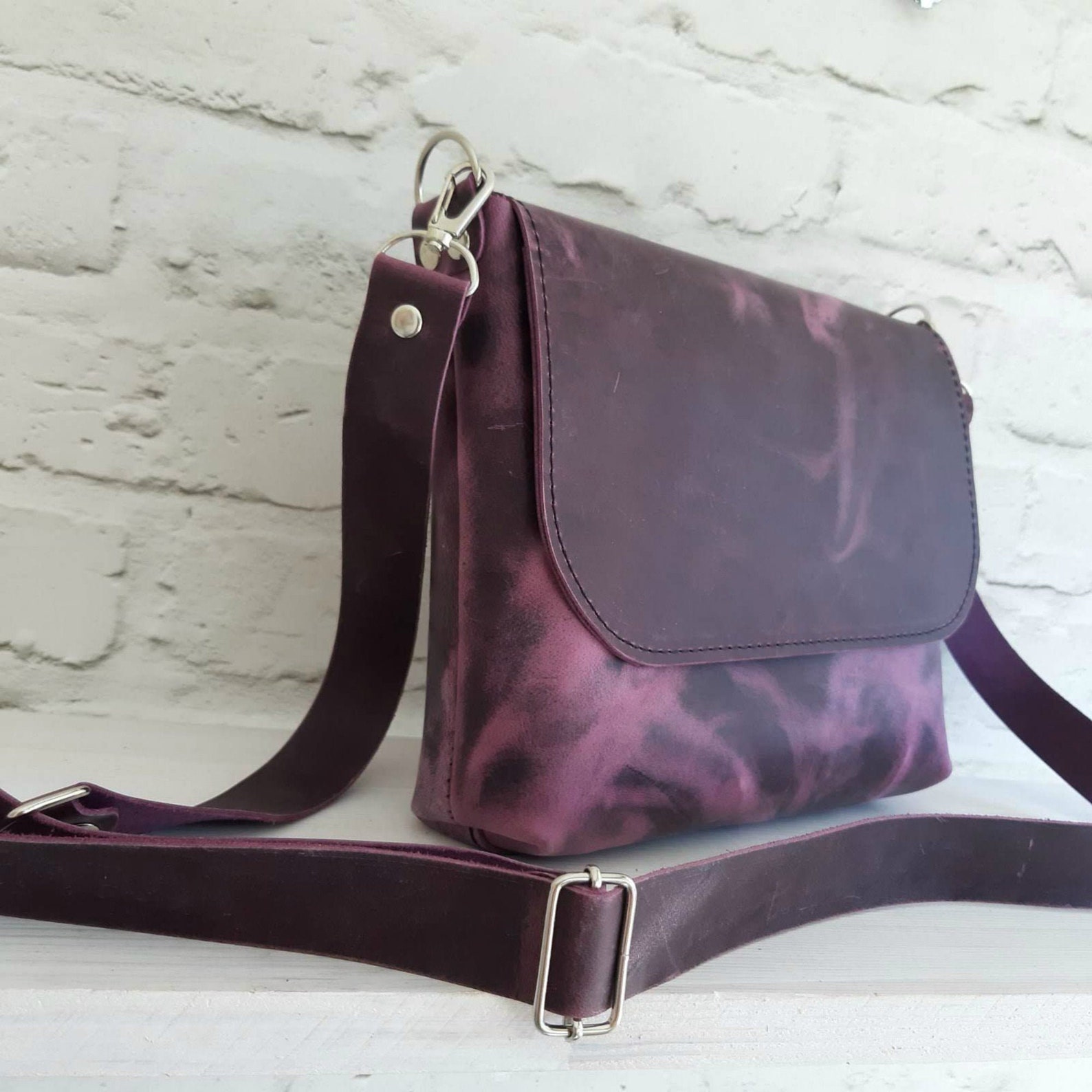 Violet Leather Crossbody Bag Handmade Purple Leather Crossbody Etsy