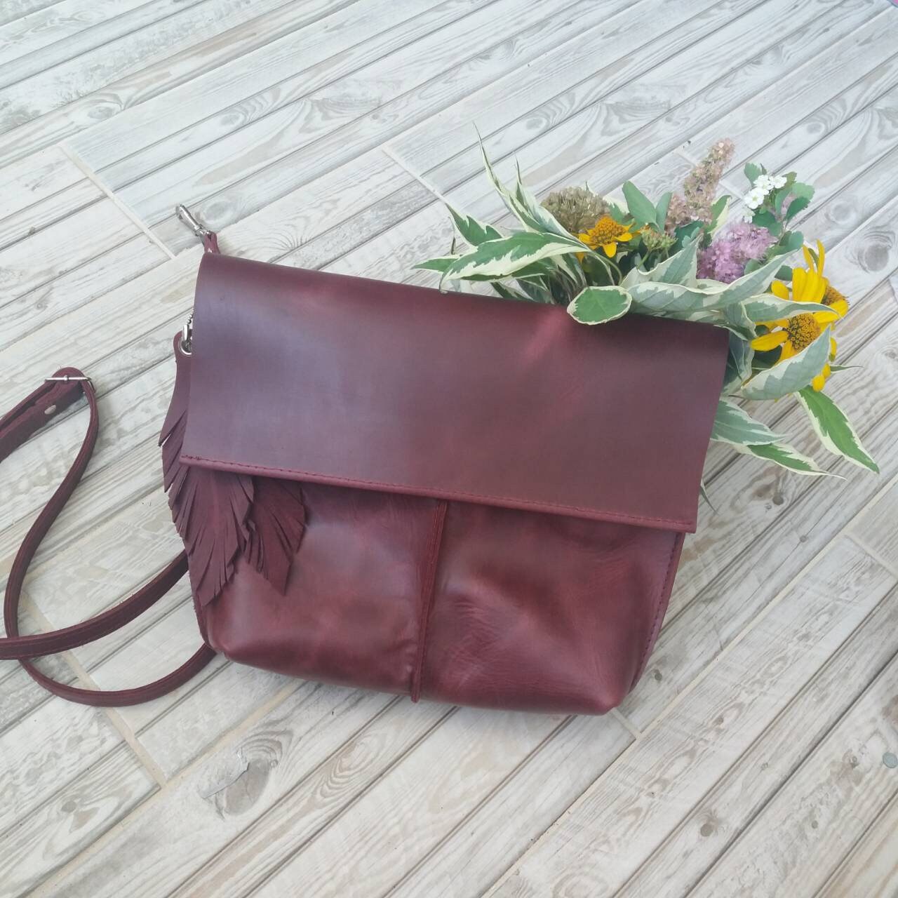 Leather shoulder bag Burgundy Leather Crossbody Bag Medium Etsy