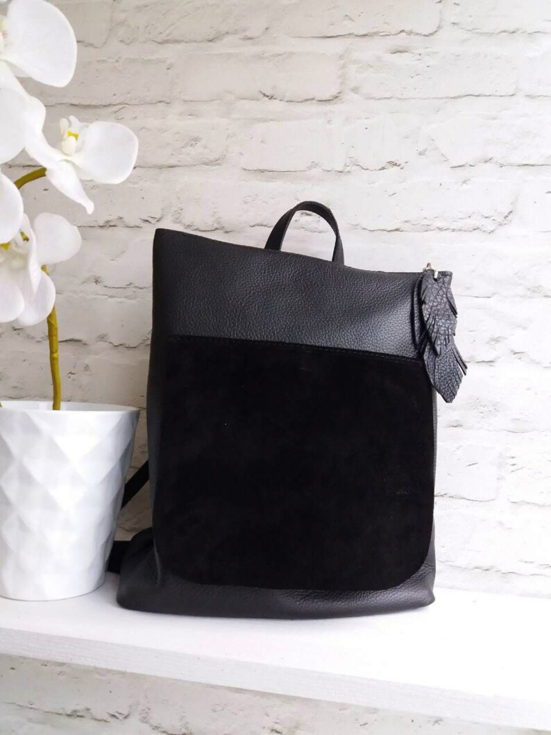 Suede Black Leather Backpack Women Laptop Leather Tote Bag Etsy