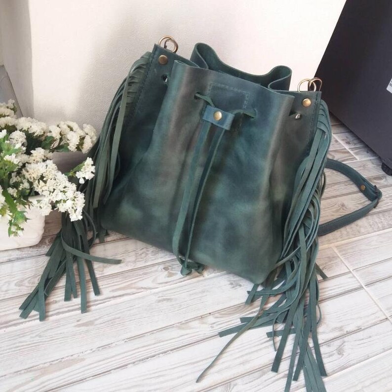 Leather Bucket Bag Fringe Green Crossbody Leather Bag Women Etsy