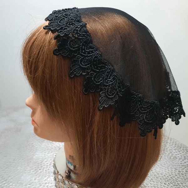 Stepping Out Boutique ~   Princess Style Mantilla Medium Sheer Black Tulle Headcovering, Chapel Veil