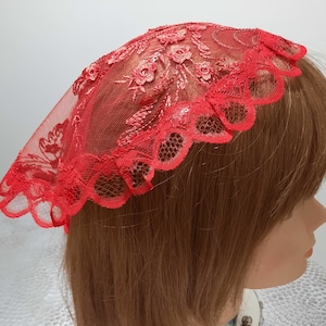 13&quot; Princess Style, Doily Style, Mantilla Chapel Veil Red Embroidered with Sequin Tulle with Trim