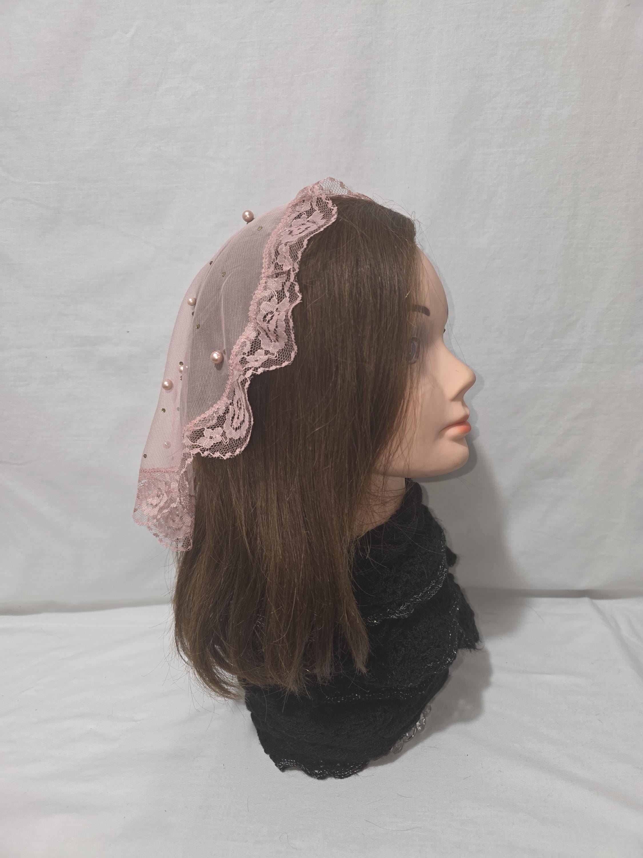 14" Handmade Mauve Tulle with Pearls Chapel Veil with Lace Trim