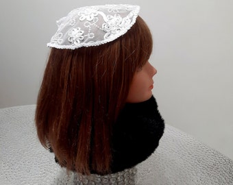 8-inch White with sequin Round Doily Style, Chapel Cap Veil, Princess Style Chapel Veil, Hat for Church, Catholic and Mantilla