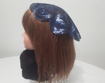 10.5" Handmade Navy Sequin Veil Head Covering