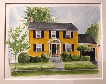 Sold - Custom original house portrait done in watercolor, framed in white