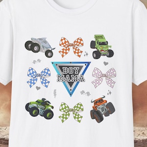 Coquette Monster Truck shirt boy mom checkered design tee monster jam mom t-shirt bow crushing motherhood gift for mama of birthday boy White