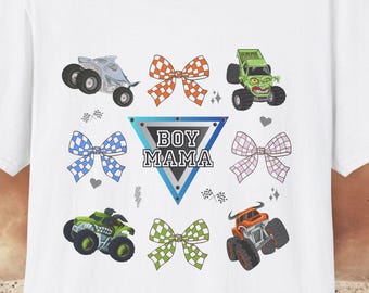 Coquette Monster Truck shirt boy mom checkered design tee monster jam mom t-shirt bow crushing motherhood gift for mama of birthday boy
