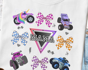 Mama Monster Truck PNG: Coquette Unicorn, Checkered Bows (Digital Download)
