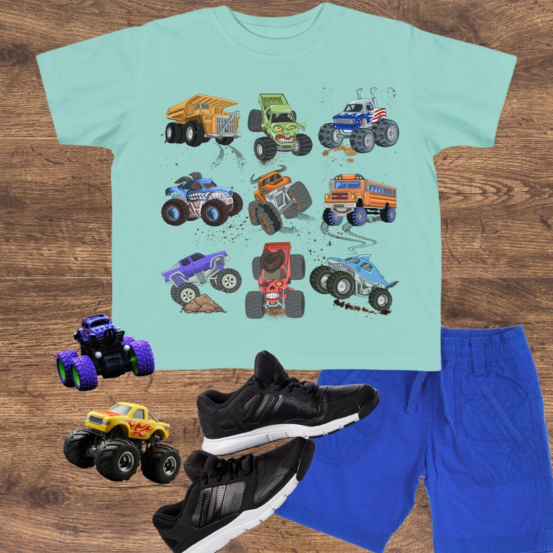Monster Truck Toddler Tee Monster Jam girl truck birthday boy shirt trucks grid design gift for boy checkered flag dump truck big wheel race Saltwater