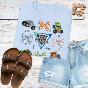 Coquette Monster Truck shirt boy mom checkered design tee monster jam mom t-shirt bow crushing motherhood gift for mama of birthday boy Light Blue