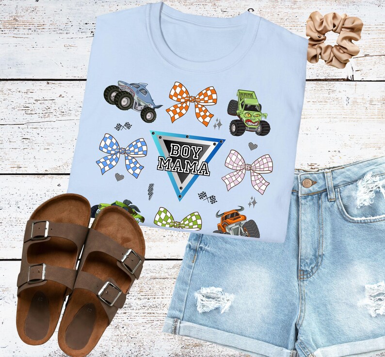 Coquette Monster Truck shirt boy mom checkered design tee monster jam mom t-shirt bow crushing motherhood gift for mama of birthday boy Light Blue