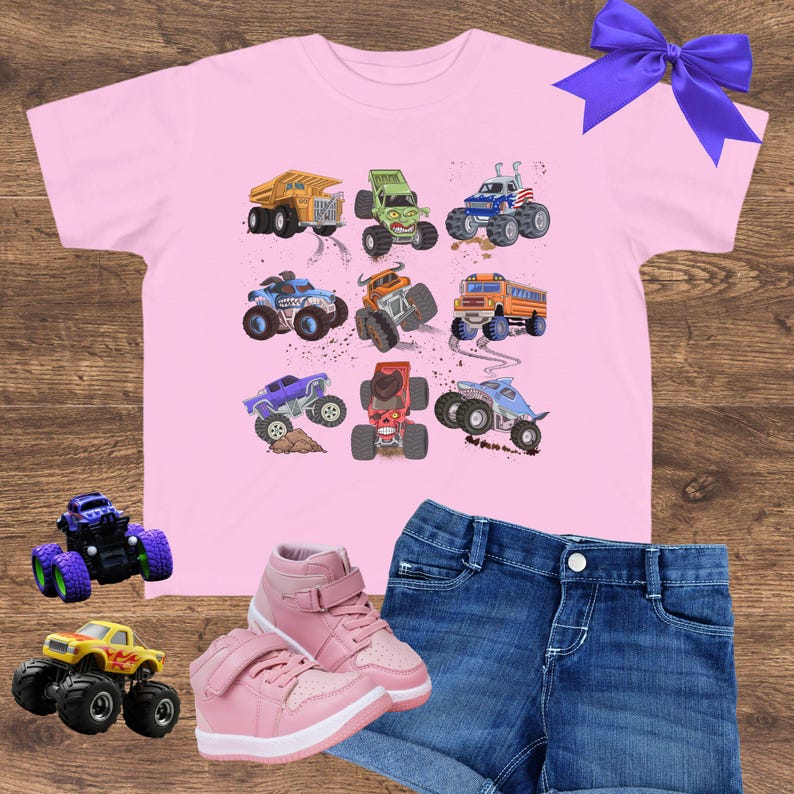 Monster Truck Toddler Tee Monster Jam girl truck birthday boy shirt trucks grid design gift for boy checkered flag dump truck big wheel race Pink