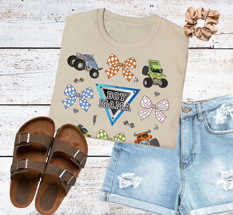 Coquette Monster Truck shirt boy mom checkered design tee monster jam mom t-shirt bow crushing motherhood gift for mama of birthday boy Sand