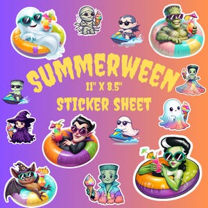 Summerween Sticker Sheet, Halloween Beach, Spooky Summer Vibes, Strandgespenst, Summerween Party, Sticker für Laptops, Kühlboxen, Journals