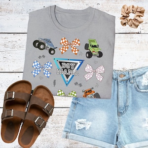 Coquette Monster Truck shirt boy mom checkered design tee monster jam mom t-shirt bow crushing motherhood gift for mama of birthday boy Sport Grey