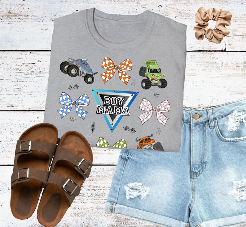 Coquette Monster Truck shirt boy mom checkered design tee monster jam mom t-shirt bow crushing motherhood gift for mama of birthday boy Sport Grey