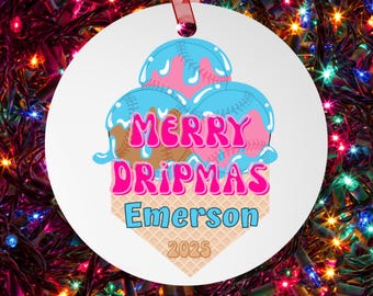 Personalized Baseball Ice Cream Drip Christmas Ornament for boys stocking stuffer custom metal baseball holiday keepsake
