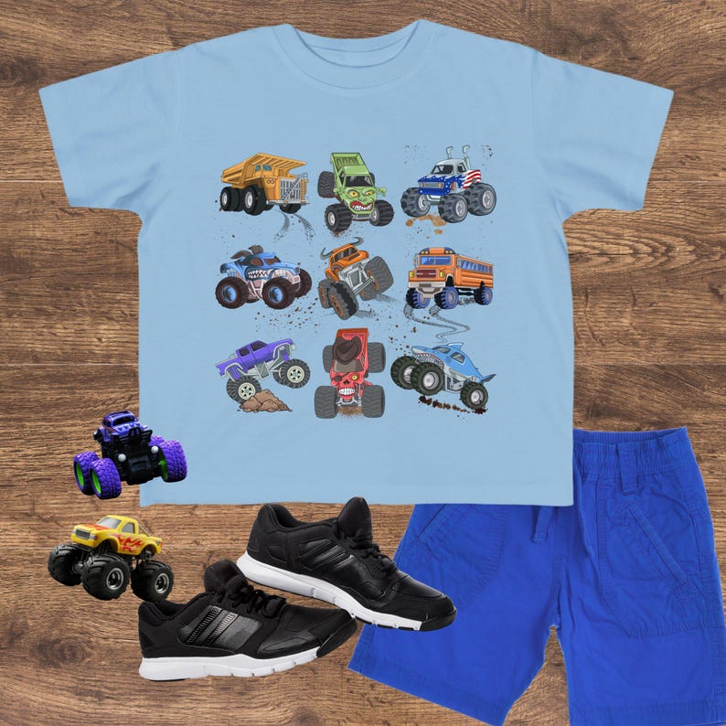 Monster Truck Toddler Tee Monster Jam girl truck birthday boy shirt trucks grid design gift for boy checkered flag dump truck big wheel race Light Blue