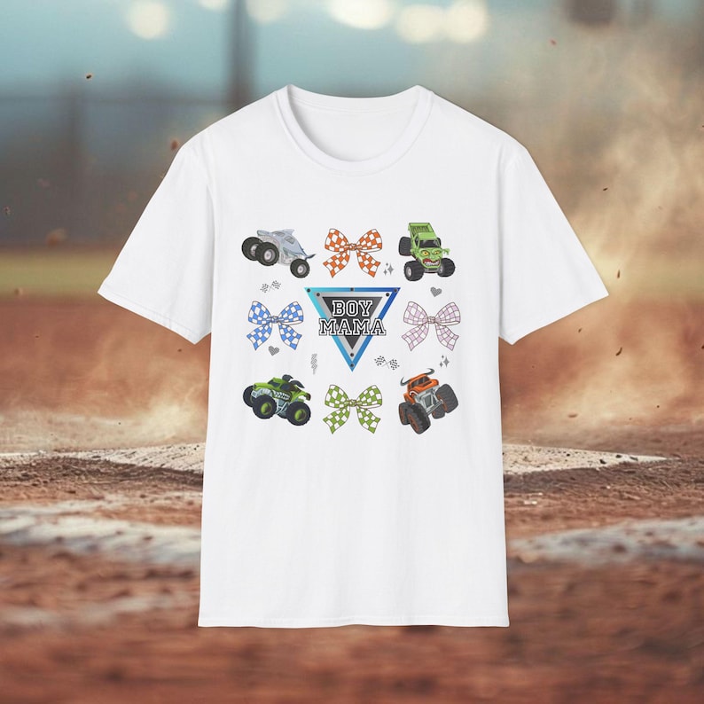 Coquette Monster Truck shirt boy mom checkered design tee monster jam mom t-shirt bow crushing motherhood gift for mama of birthday boy White