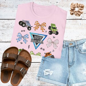 Coquette Monster Truck shirt boy mom checkered design tee monster jam mom t-shirt bow crushing motherhood gift for mama of birthday boy Light Pink