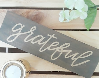 Wood Sign | Grateful | Hand Lettered | Reclaimed Wood | Calligraphy | Rustic Decor | Gold | Rustic | Home Decor | 12x3.5 Inches | Country