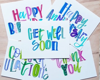 Fun Note Cards | Handmade Greeting Cards | Hand Lettered | Typography Art | Blank Note Cards | Assorted Note Card Set | Bright Fun Colorful