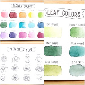 Pode incluir: Um gr&aacute;fico em aquarela com amostras de cores rotuladas como "Flower Colors" e "Leaf Colors". A se&ccedil;&atilde;o de flores exibe v&aacute;rias tonalidades, e a se&ccedil;&atilde;o de folhas mostra tons de verde. Abaixo, desenhos lineares ilustram diferentes estilos de flores.