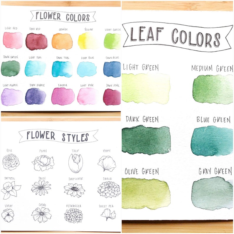 Pode incluir: Um gr&aacute;fico em aquarela com amostras de cores rotuladas como "Flower Colors" e "Leaf Colors". A se&ccedil;&atilde;o de flores exibe v&aacute;rias tonalidades, e a se&ccedil;&atilde;o de folhas mostra tons de verde. Abaixo, desenhos lineares ilustram diferentes estilos de flores.