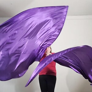 May include: A person is holding two purple satin dance flags. The flags are flowing in the air.