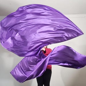 May include: A purple satin dance flag, flowing in the air. The flag is held by a person wearing a red shirt and black pants.
