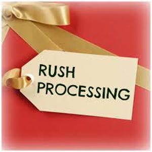 Op de afbeelding: Een rode cadeaudoos met een gouden lint en een wit label met de tekst "RUSH PROCESSING".