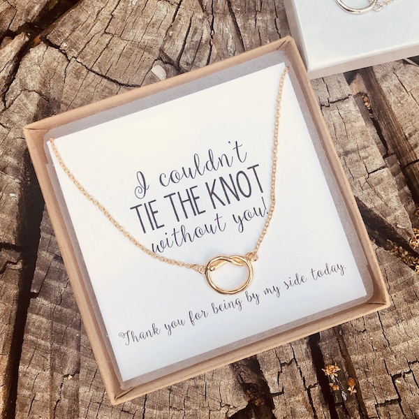 I can't tie the knot without you, bridesmaid proposal, gold, tie the knot, knot necklace, multiple sets of bridesmaid necklaces