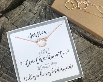 Will you be my bridesmaid necklace, I couldn’t tie the knot without you, bridesmaid proposal, gold, tie the knot, knot necklace