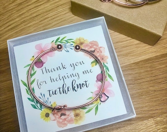 Thank you for helping me tie the knot, watercolor card, rose gold, tie the knot, knot bracelet, multiple sets of bridesmaid bracelet