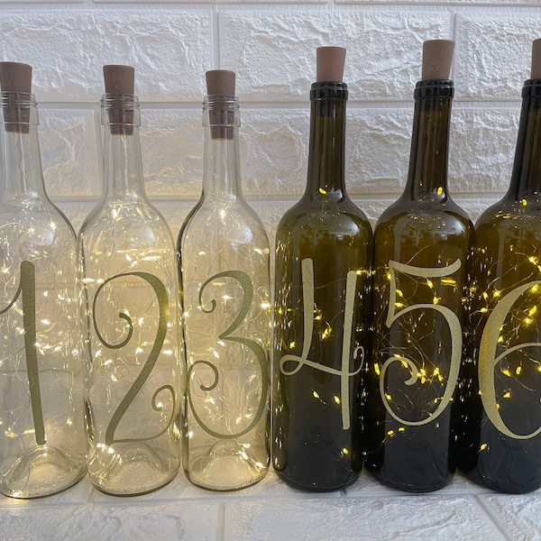 Wedding Table Numbers Centerpiece, Light up Wine Bottle- Cork Lights, Wine Bottle Table Numbers, Fairy Light Table Numbers