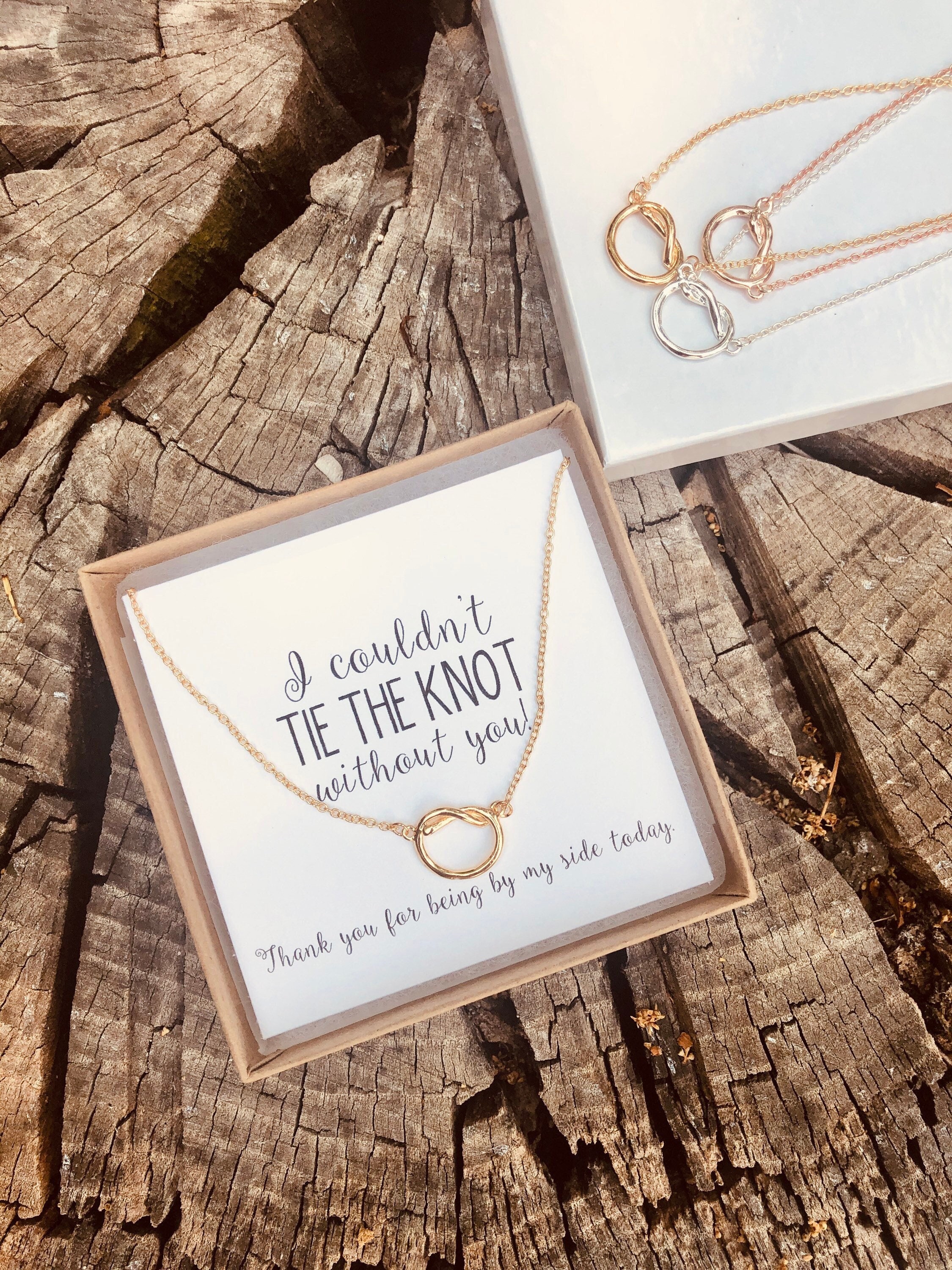 I can't tie the knot without you, bridesmaid proposal, gold, tie the knot, knot necklace, multiple sets of bridesmaid necklaces