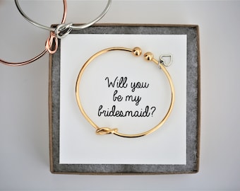 Will you be my bridesmaid? bridesmaid proposal, gold, tie the knot, knot bracelet, multiple sets of bridesmaid bracelet