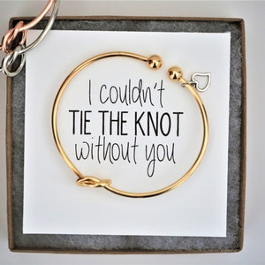 I couldn’t tie the knot without you, bridesmaid proposal, gold, silver, tie the knot, knot bracelet, multiple sets of bridesmaid bracelet