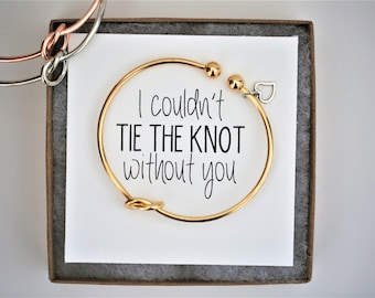 Ik zou niet kunnen trouwen zonder jou, bruidsmeisjesvoorstel, goud, zilver, strikken, knooparmband, meerdere sets bruidsmeisjesarmbanden