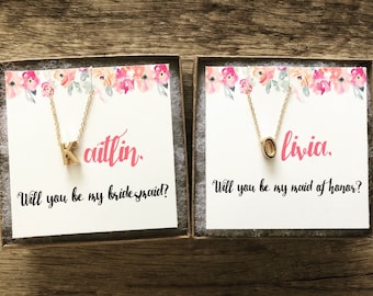 Custom personalized bridesmaid proposal, Will you be my bridesmaid, I couldn’t tie the knot without you, brideposal, gold, initial necklace