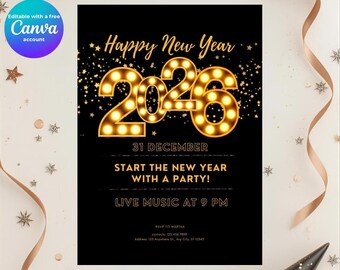 Black & Gold New Year's Eve Party Invitation (Printable, Editable)