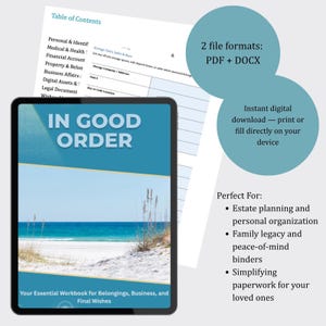 Puede incluir: Un cuaderno de trabajo digital titulado "IN GOOD ORDER" se muestra en una tableta, con una escena de playa en la portada. La imagen incluye texto sobre formatos de archivo y descargas instantáneas, para la planificación patrimonial.
