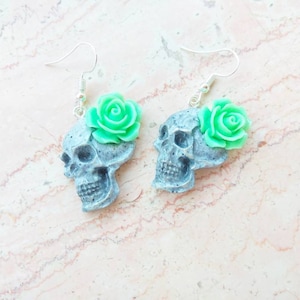Calavera skull earrings gray with mint rose Halloween party jewelry