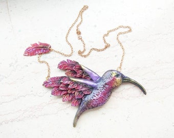 Purple hummingbird necklace bird animal pendant colorful parrot necklace