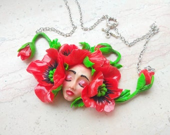 Poppy flower red necklace fairy statement hand sculpted