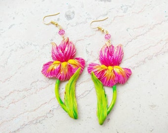 Iris flower earrings pink statement dangles colorful oversized earrings unique jewelry for women