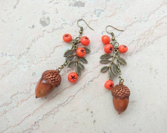 Acorn earrings autumn jewelry rowan earrings berries jewelry